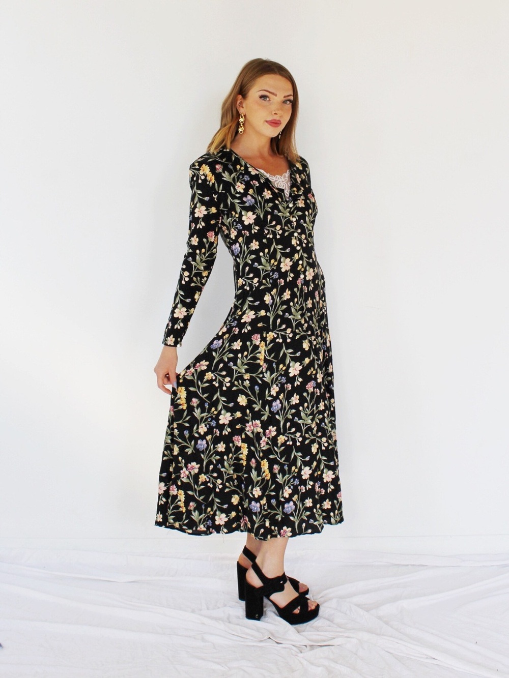 Frederick's of Hollywood Vintage Black Floral Long Sleeve Maxi Dress Y2K